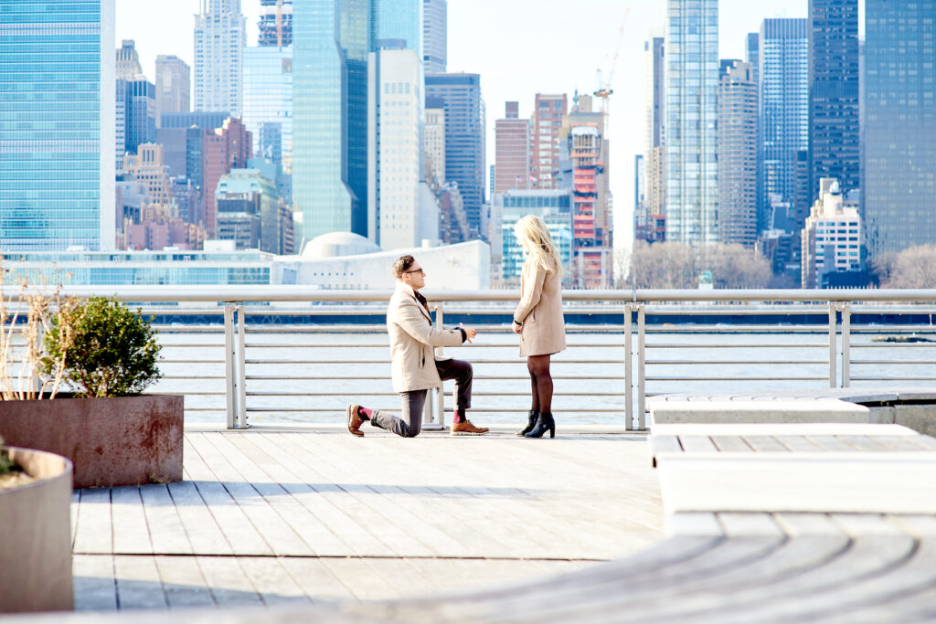 Gantry State Park Plaza Proposal. John Proposing to Stacy w/ the New York City Skyline in the background.