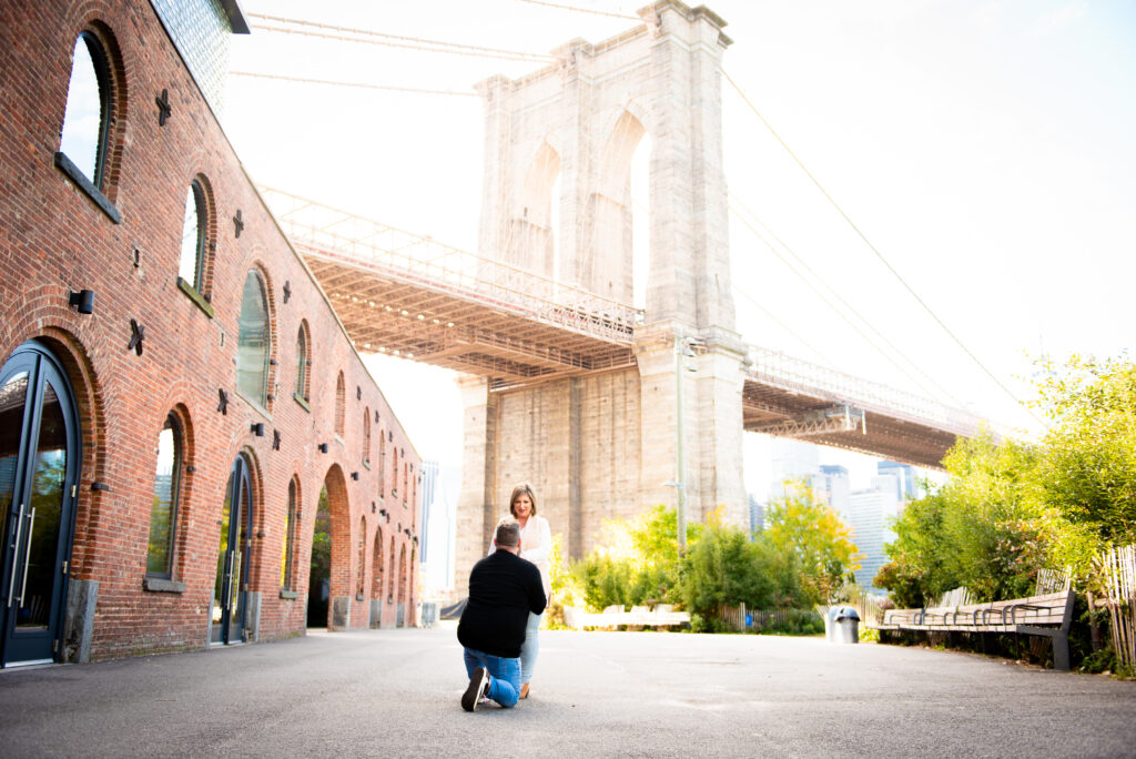Proposal in Brooklyn Bridge Park. David Proposes w/ the Brooklyn Bridge in view.
