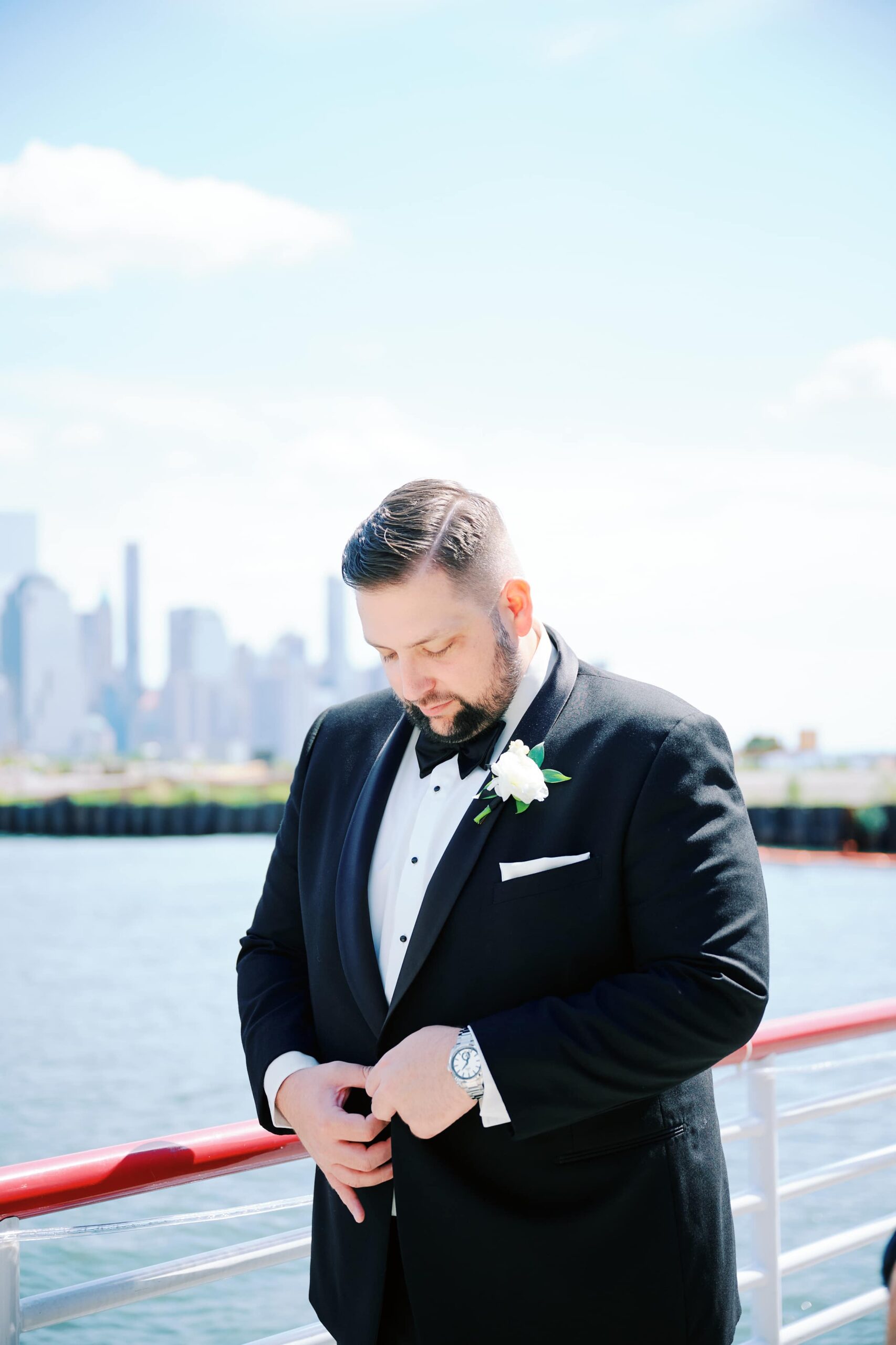 Groom Prep on the Battello Wedding Patio in Jersey City where the NYC Skyline is in view