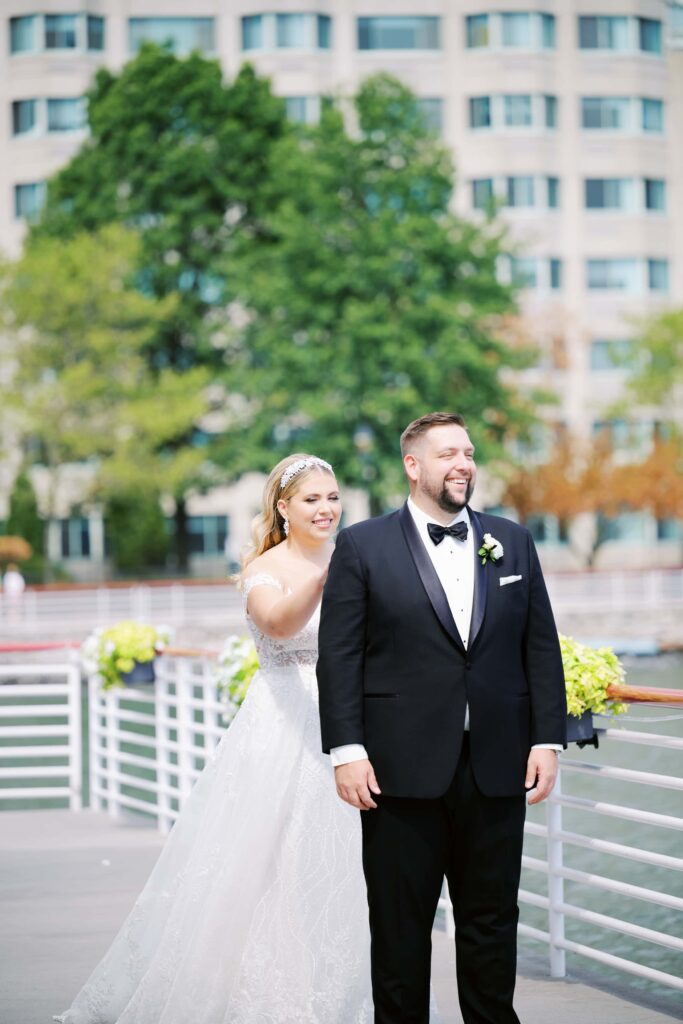 First Look of Bride and Groom in Jersey City at the Battello Wedding Venue