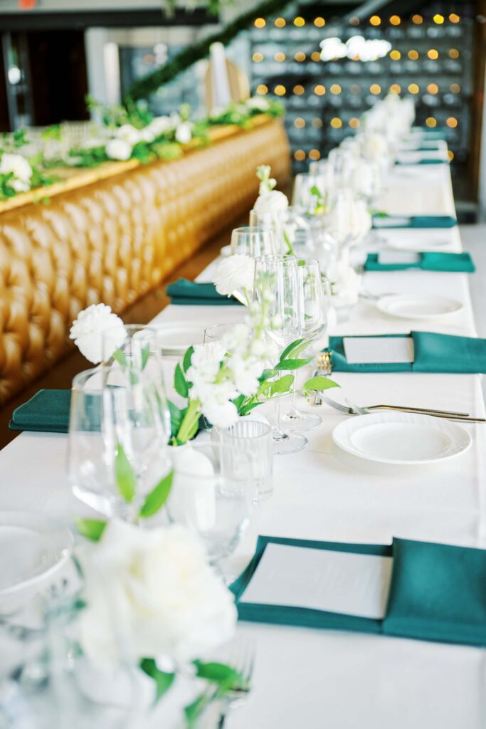 Tablescape details for reception wedding held inside Battello