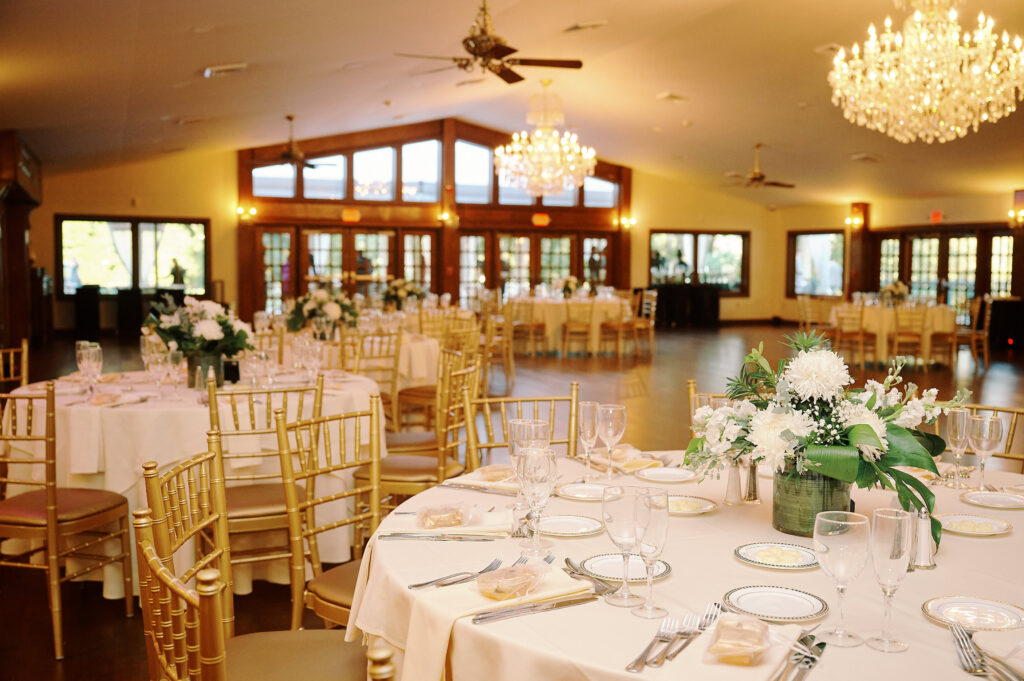 Ballroom inside the Saint Clements Castle for a wedding.  This image shows ballroom and table decor