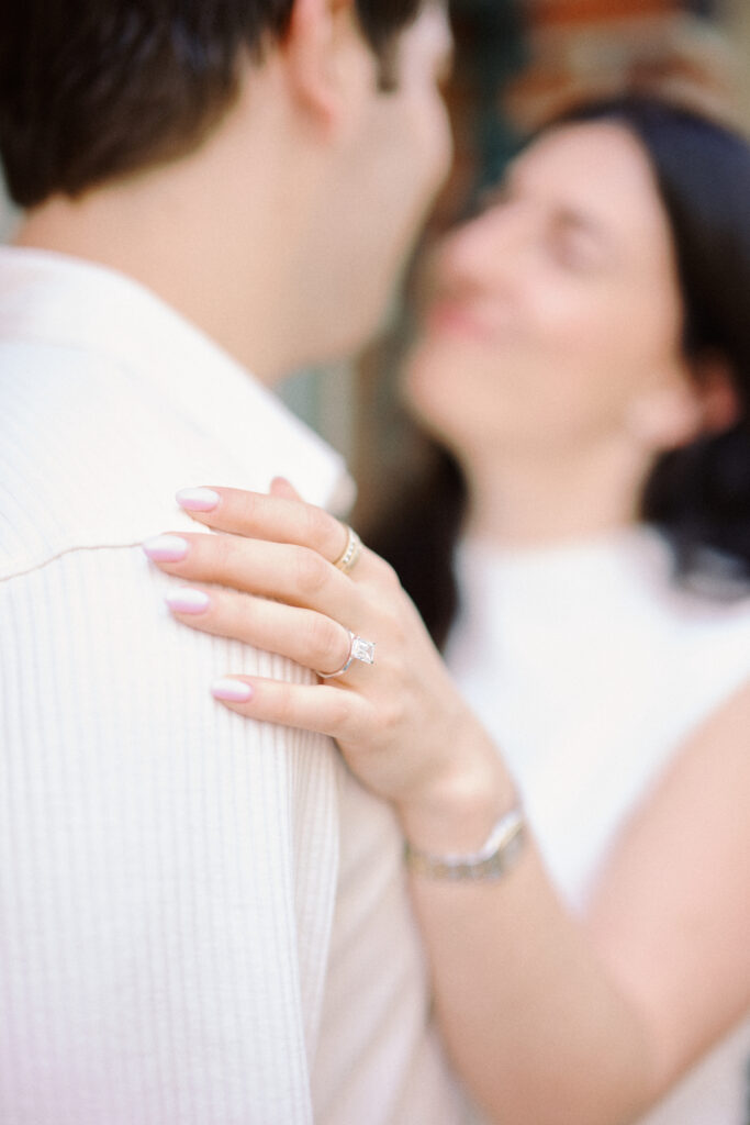 Close-up of Vanessa’s engagement ring during a West Village engagement photos session